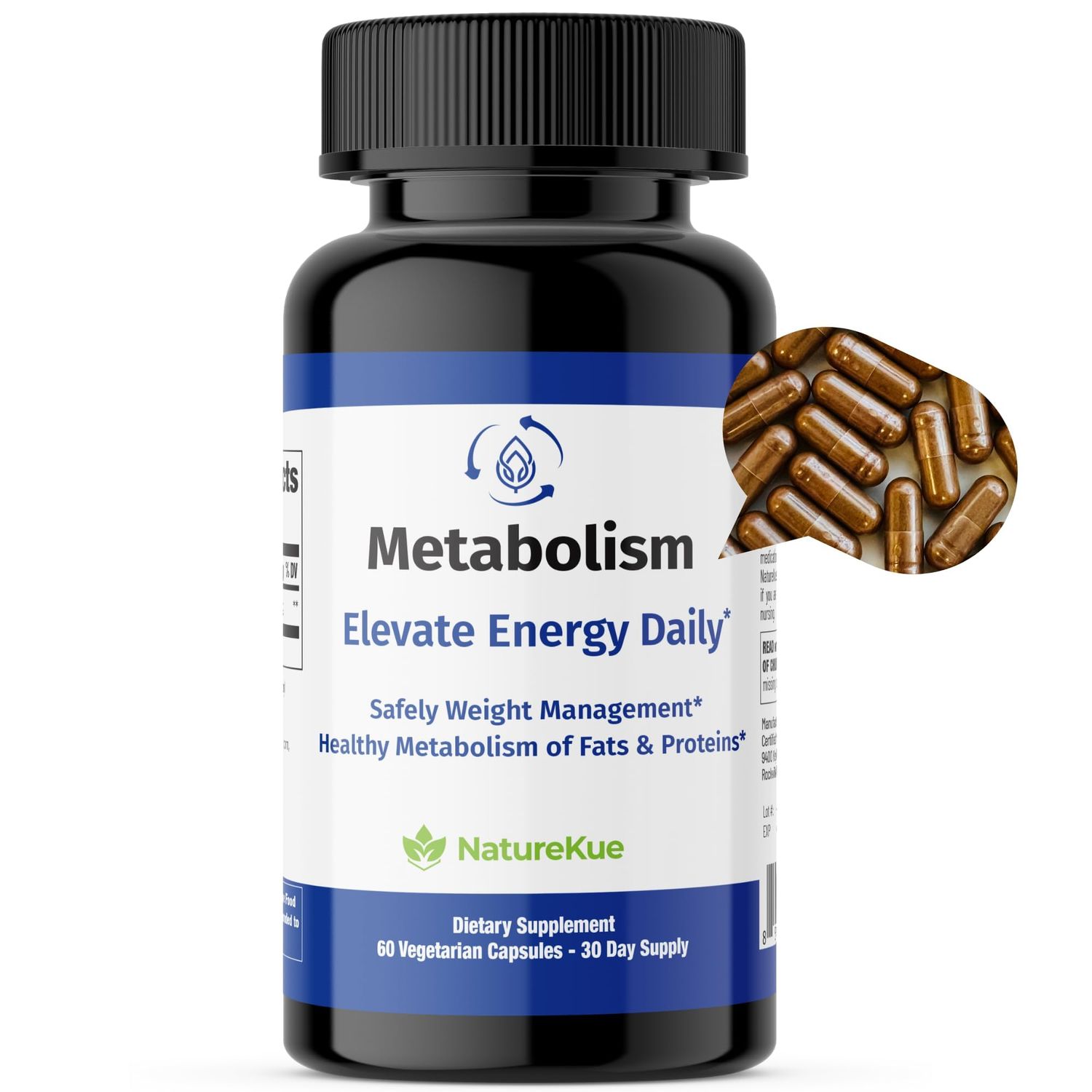 NatureKue Metabolism Natural Weight Management Energy Support Immune Digestive Health Puerh Tea Extract, Green Tea, Herbal Supplement for Metabolism Boost - 60 Vegetarian Capsules