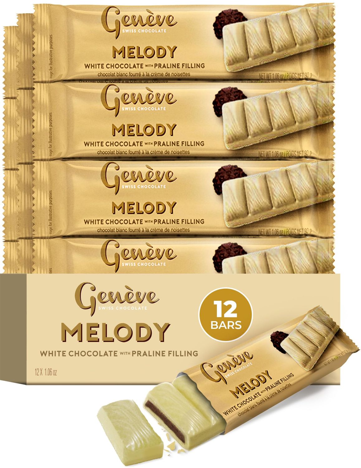 Gen ve Swiss White Chocolate Bars with Praline Filling, 1 oz (12 Pack) Geneve Melody Individually Wrapped Chocolate Made with Rich Creamy White Chocolate Kosher (including Passover)