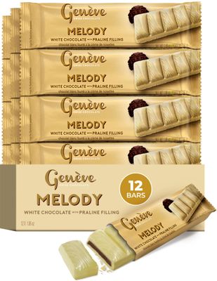 Gen ve Swiss White Chocolate Bars with Praline Filling, 1 oz (12 Pack) Geneve Melody Individually Wrapped Chocolate Made with Rich Creamy White Chocolate Kosher (including Passover)