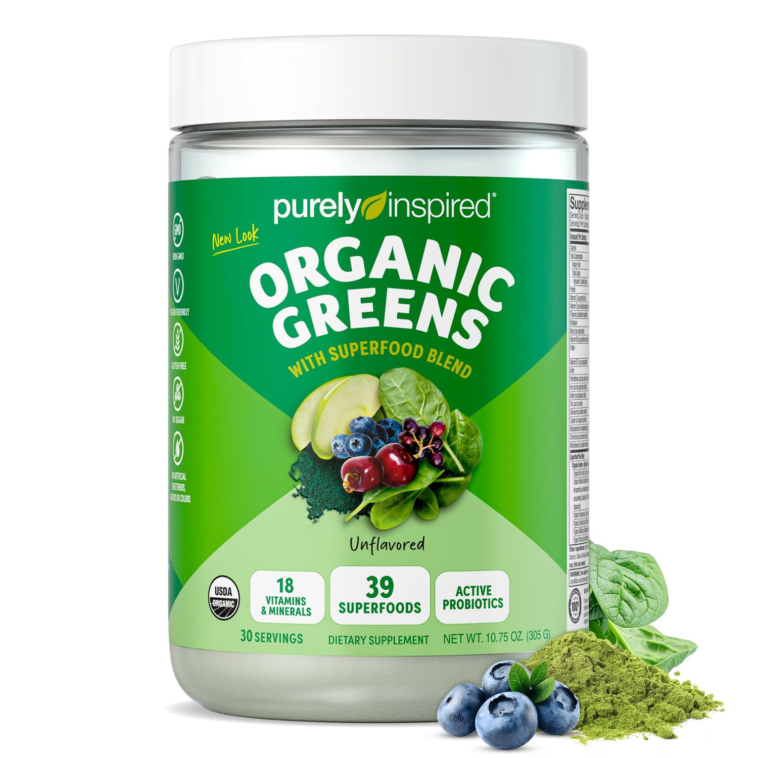 Purely Inspired Organic Greens Powder Superfood Smoothie Mix, Unflavored (30 Servings) - Super Greens with Probiotics, Spirulina Chlorella for Gut Digestive Health - Vegan Gluten-Free
