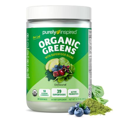 Purely Inspired Organic Greens Powder Superfood Smoothie Mix, Unflavored (30 Servings) - Super Greens with Probiotics, Spirulina Chlorella for Gut Digestive Health - Vegan Gluten-Free