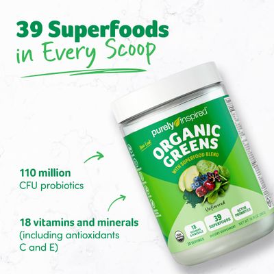 Purely Inspired Organic Greens Powder Superfood Smoothie Mix, Unflavored (30 Servings) - Super Greens with Probiotics, Spirulina Chlorella for Gut Digestive Health - Vegan Gluten-Free