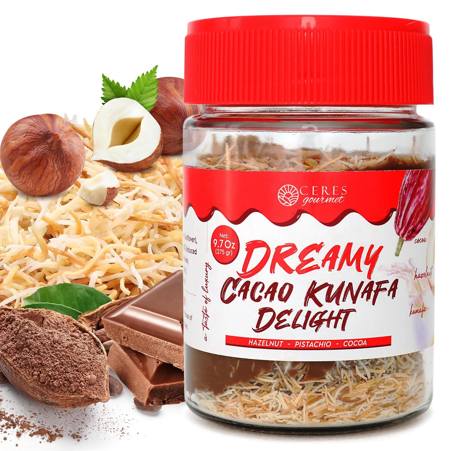 Dubai Spreadable Chocolate with Knafeh - 9.7 oz- Hazelnut Chocolate Spread with Roasted Phyllo Layers for a Rich Middle Eastern-Inspired Treat