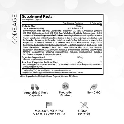 Codeage Raw Probiotic Supplement - 34 Probiotic Strains, 100 Billion CFUs, Raw Whole Food Probiotics, Digestive Enzymes, Raw Fruits Veggies Prebiotics - Wild Kefir Culture - Non-GMO - 30 Capsules