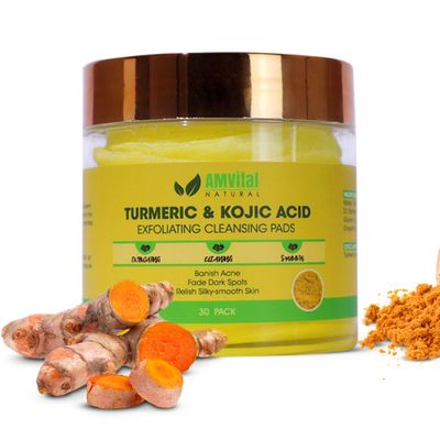 AMVital Turmeric Kojic Acid Cleansing Pads - Gently Exfoliates, Brightens Evens Skin Tone - Hydrating Turmeric Exfoliating Cleansing Pads for Face - Nourishing Kojic Acid Cleanser