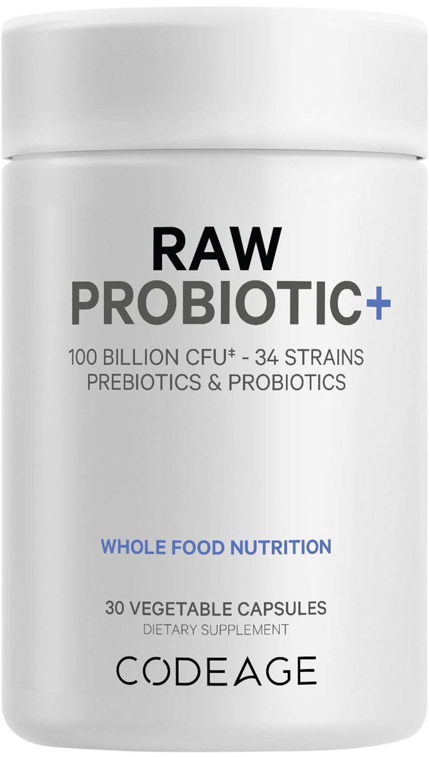 Codeage Raw Probiotic Supplement - 34 Probiotic Strains, 100 Billion CFUs, Raw Whole Food Probiotics, Digestive Enzymes, Raw Fruits Veggies Prebiotics - Wild Kefir Culture - Non-GMO - 30 Capsules