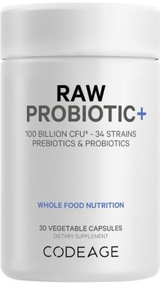 Codeage Raw Probiotic Supplement - 34 Probiotic Strains, 100 Billion CFUs, Raw Whole Food Probiotics, Digestive Enzymes, Raw Fruits Veggies Prebiotics - Wild Kefir Culture - Non-GMO - 30 Capsules