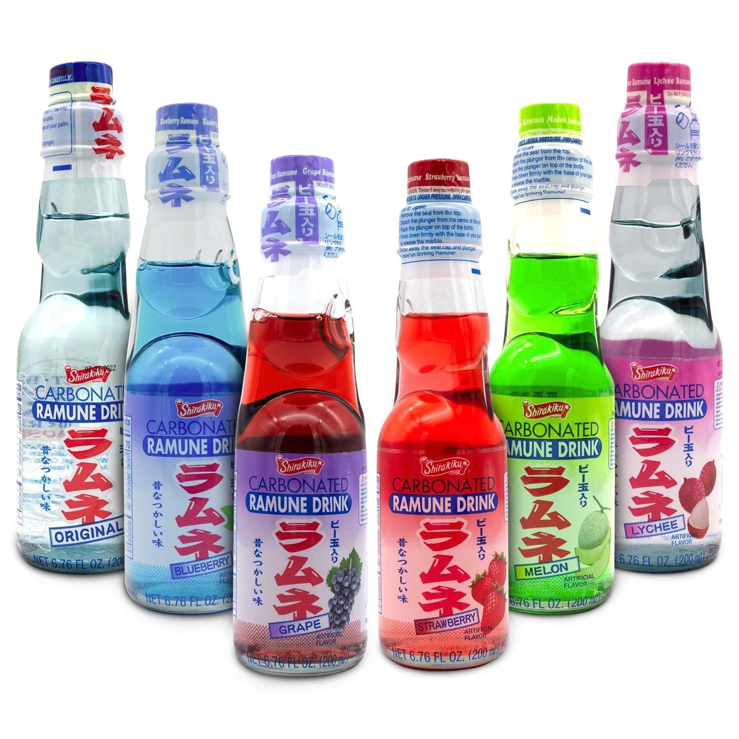 Shirakiku Ramune Japanese Soda Variety Pack Japanese Marble Soda in Multiple Flavors Original, Strawberry, Melon, Lychee, Grape, Blueberry - 6.76 fl oz Bottles - Pack of 6