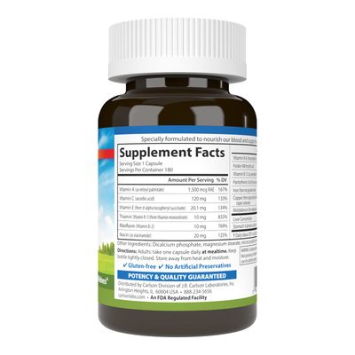 Carlson - Blood Nutrients, 28 mg Iron, Blood Development, Iron Absorption Optimal Wellness, 180 Capsules