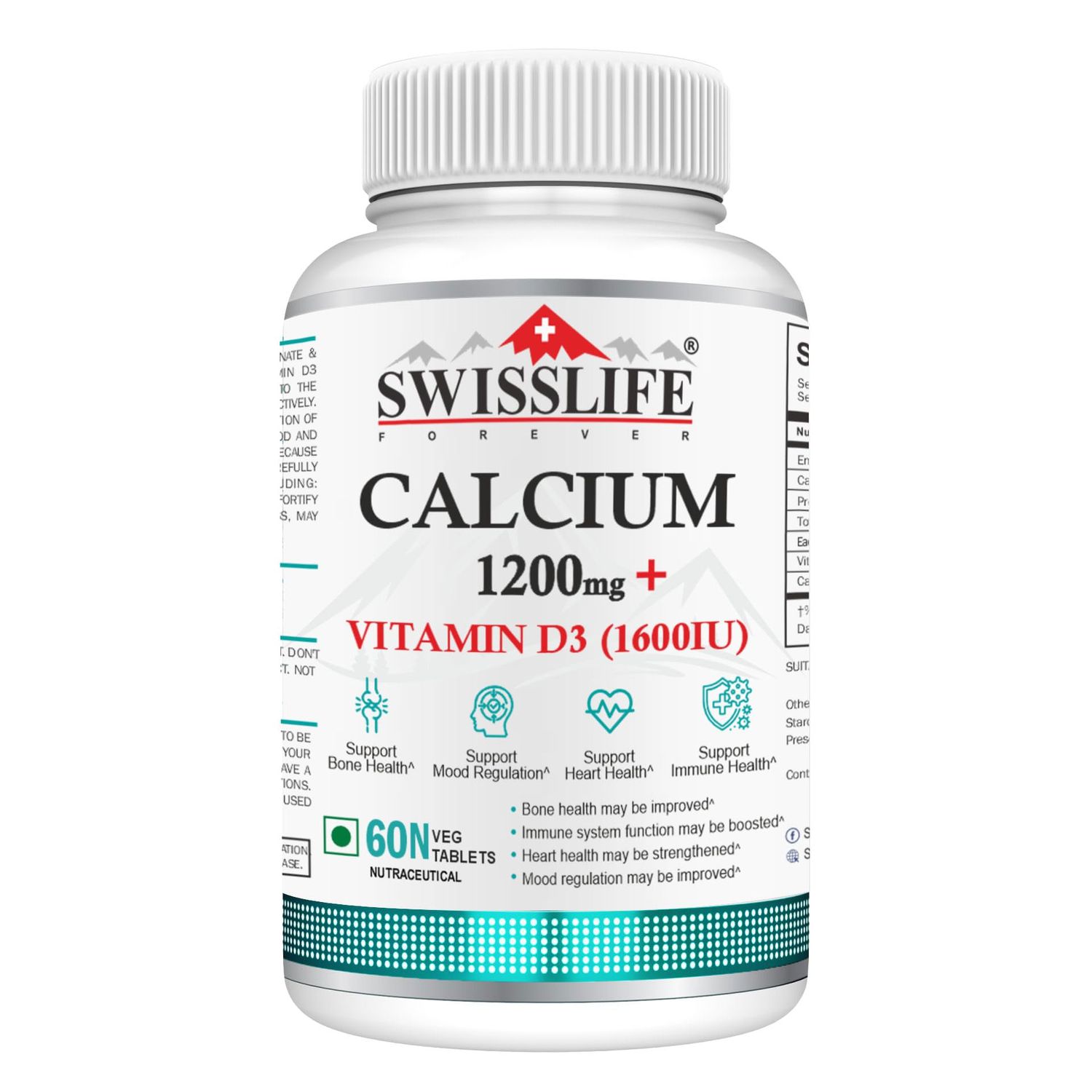 SWISSLIFE FOREVER Calcium Carbonate 60 Tablets 1200mg with Vitamin D3 1600IU Dietary Tablets with Mineral and Vitamins Help in Bone Health, Muscle Health, Joints Health for Men Women