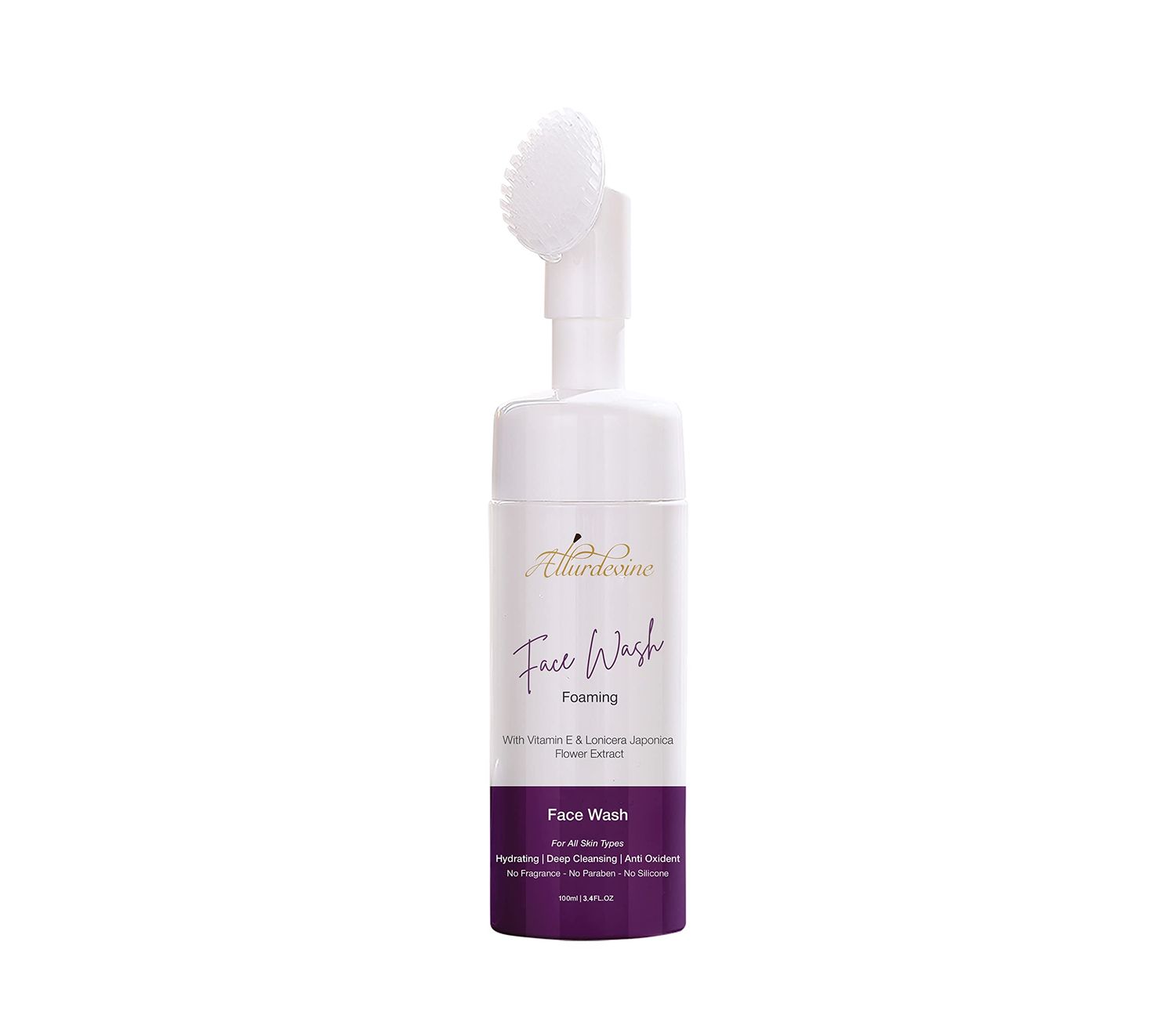 Allurdevine Hydrating Foaming Facial Cleanser: NormalOilySensitive Skin (100ml 3.4 fl oz) - Vitamin E Japonica Flower Extract - Unscented Face Wash With Brush - Silicone Paraben-Free