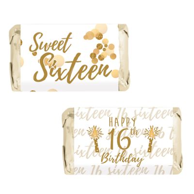 White and Gold Sweet 16 Birthday Party Mini Chocolate Candy Bar Wrappers - Sixteen 16th Party Favor Stickers - 45 Stickers