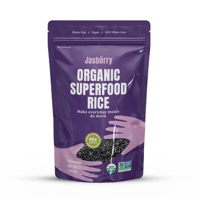 Jasberry - Organic Superfood Rice, Soft Aromatic Whole Grain Purple Rice, High in Antioxidants, Non-GMO, Gluten-free, Easy to cook, Versatile USDA Certified Organic, Vegan (15 Oz Resealable Zip Bag)