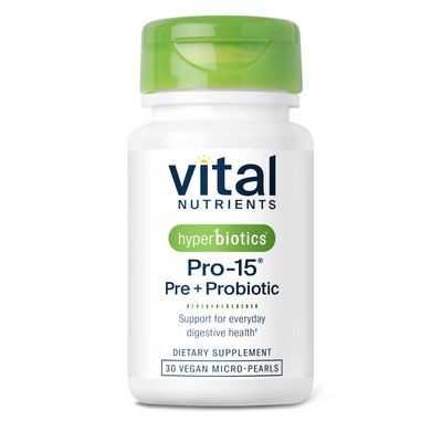 Hyperbiotics Vital Nutrients Pro-15 Prebiotics Probiotics for Women and Men 15 Science Backed Strains Supports Occasional Constipation, Diarrhea, Gas Bloating 30 Vegan Time Release Pearls