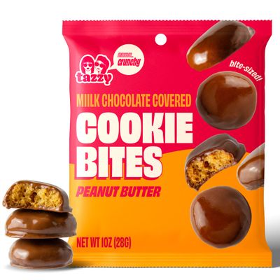 Milk Chocolate Peanut Butter Cookie Bites by Tazzy - Crunchy Mini Cookies, Premium Milk Chocolate, Individual Serving Snack Packs, Perfect Portion Sizes 6 Bags 1oz per Bag