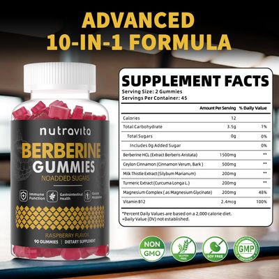 Nutravita Berberine Gummies with Ceylon Cinnamon 1500mg High Potency Berberine HCL Supplement for Immune and Metabolism Support, Sugar Free Organic Berberine Gummies Raspberry Flavor-2PACK