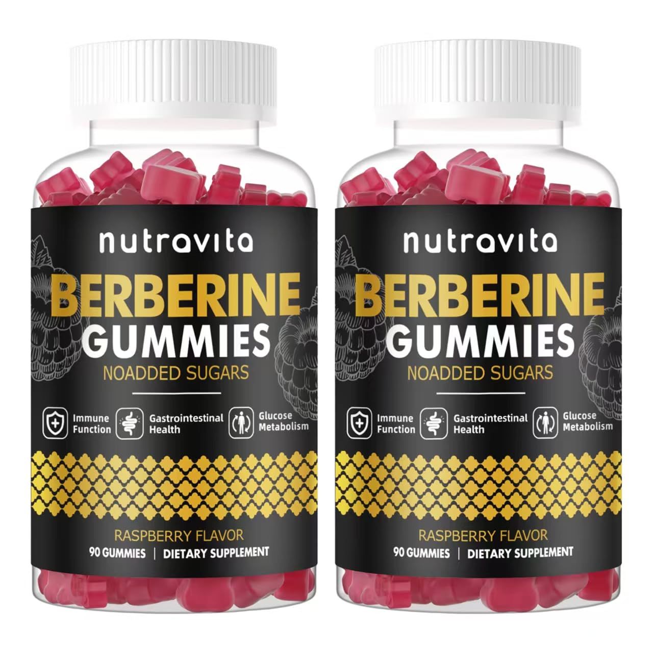 Nutravita Berberine Gummies with Ceylon Cinnamon 1500mg High Potency Berberine HCL Supplement for Immune and Metabolism Support, Sugar Free Organic Berberine Gummies Raspberry Flavor-2PACK