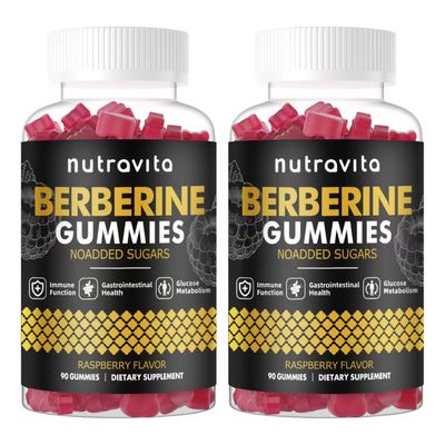 Nutravita Berberine Gummies with Ceylon Cinnamon 1500mg High Potency Berberine HCL Supplement for Immune and Metabolism Support, Sugar Free Organic Berberine Gummies Raspberry Flavor-2PACK