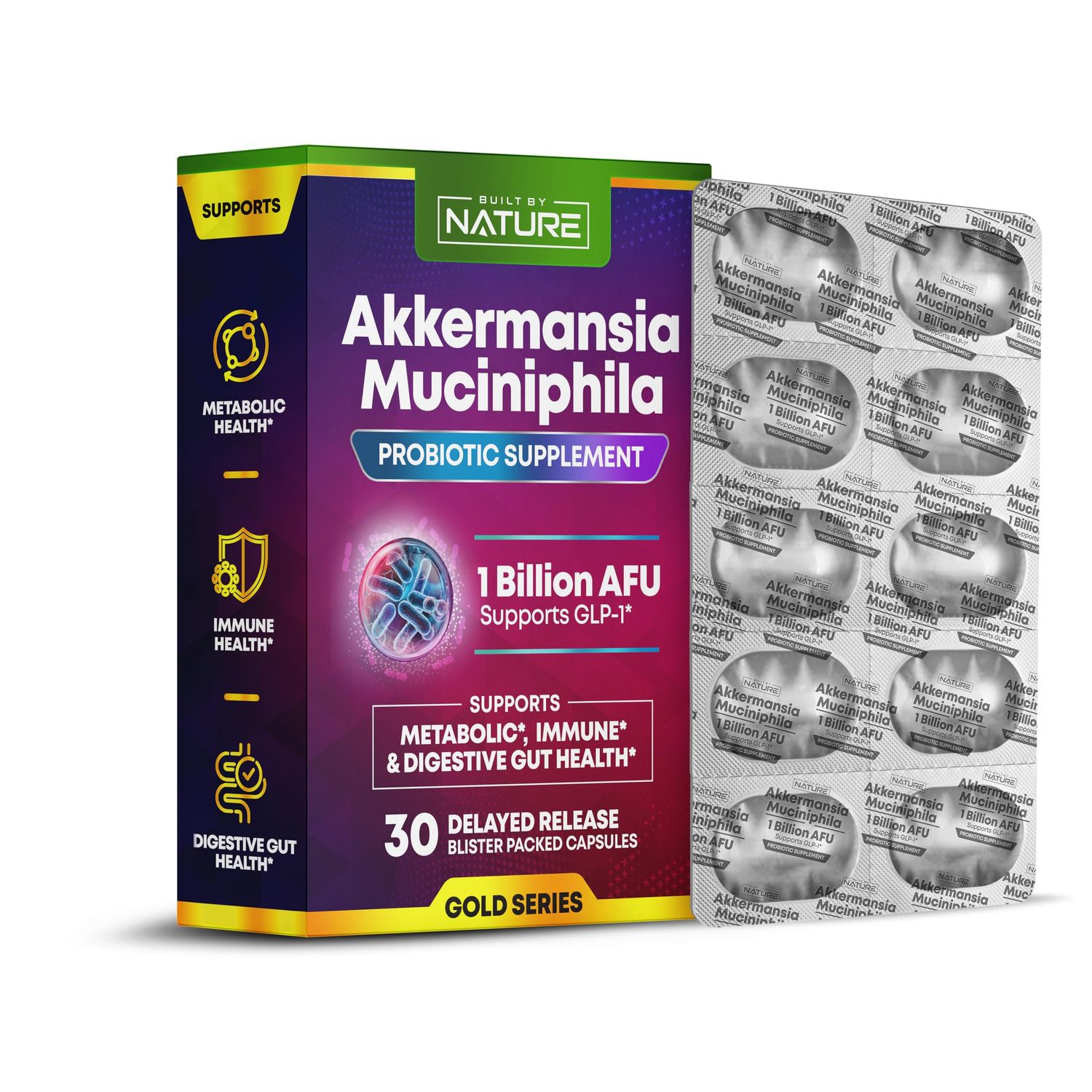 Built by Nature Akkermansia Muciniphila Probiotic Supplement - 1 Billion AFU - Supports GLP-1, Immune Digestive Gut Health - 30 Delayed Release Blister Packed Capsules