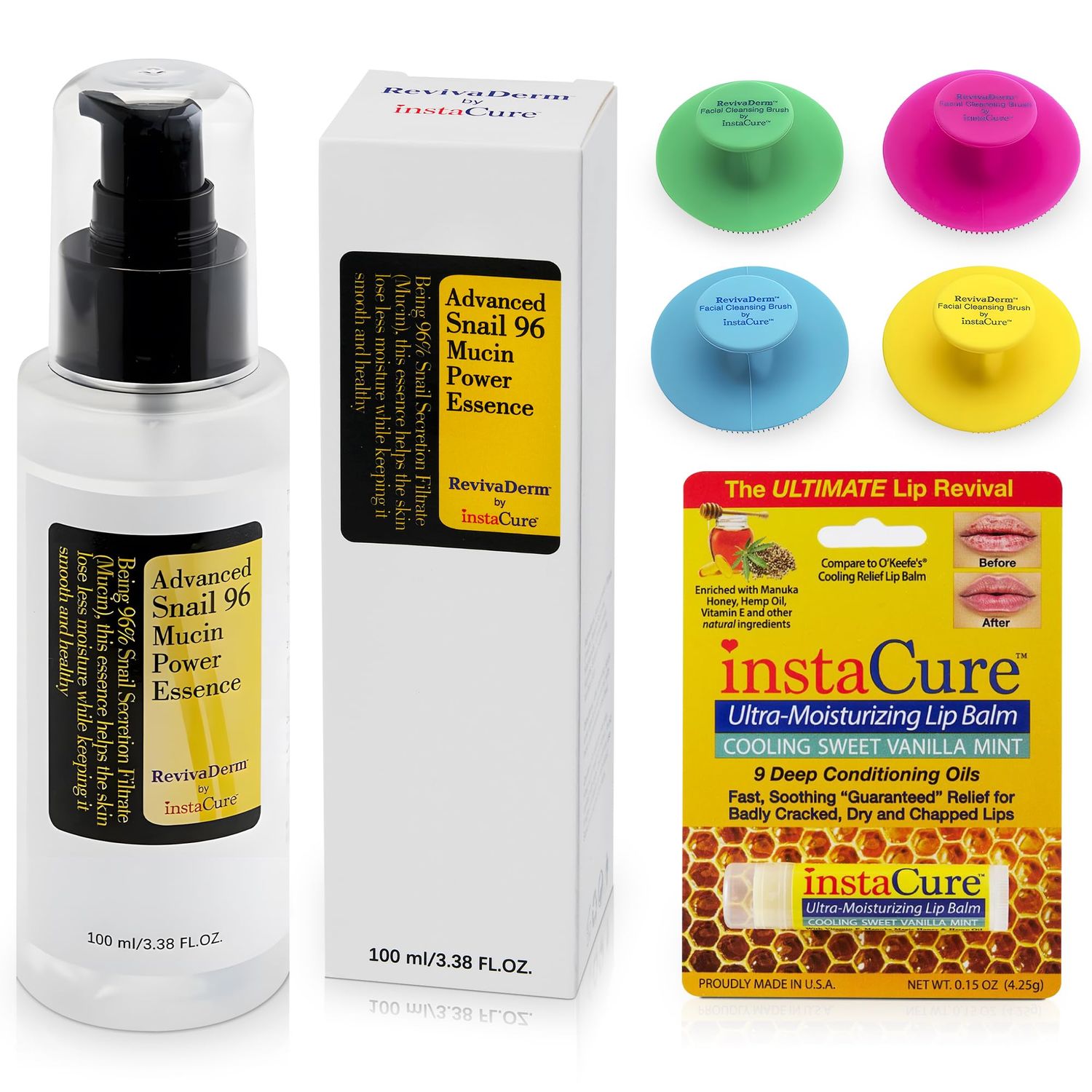 INSTACURE Advanced Snail 96 Mucin Power Essence (3.38 fl.oz) Bundle with 4 x Silicone Facial Cleansing Brushes, Cooling Sweet Vanilla Mint Lip Balm Matching Gift Box