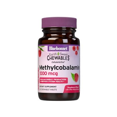 Bluebonnet EarthSweet Methylcobalamin 1,000 mcg Active Coenzyme Form of Vitamin B12 Supports Energy Boost Metabolism - Vegan, Gluten-Free - Raspberry Flavor - 60 Chewable Tablets