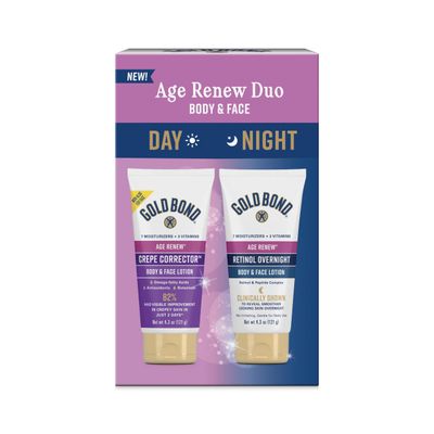 Gold Bond Age Renew Day Night Duo Lotion Set for Body Face, Crepe Corrector Lotion, Visibly Firms Skin Retinol Overnight Lotion, Visibly Smooths Skin, 8.6 oz.