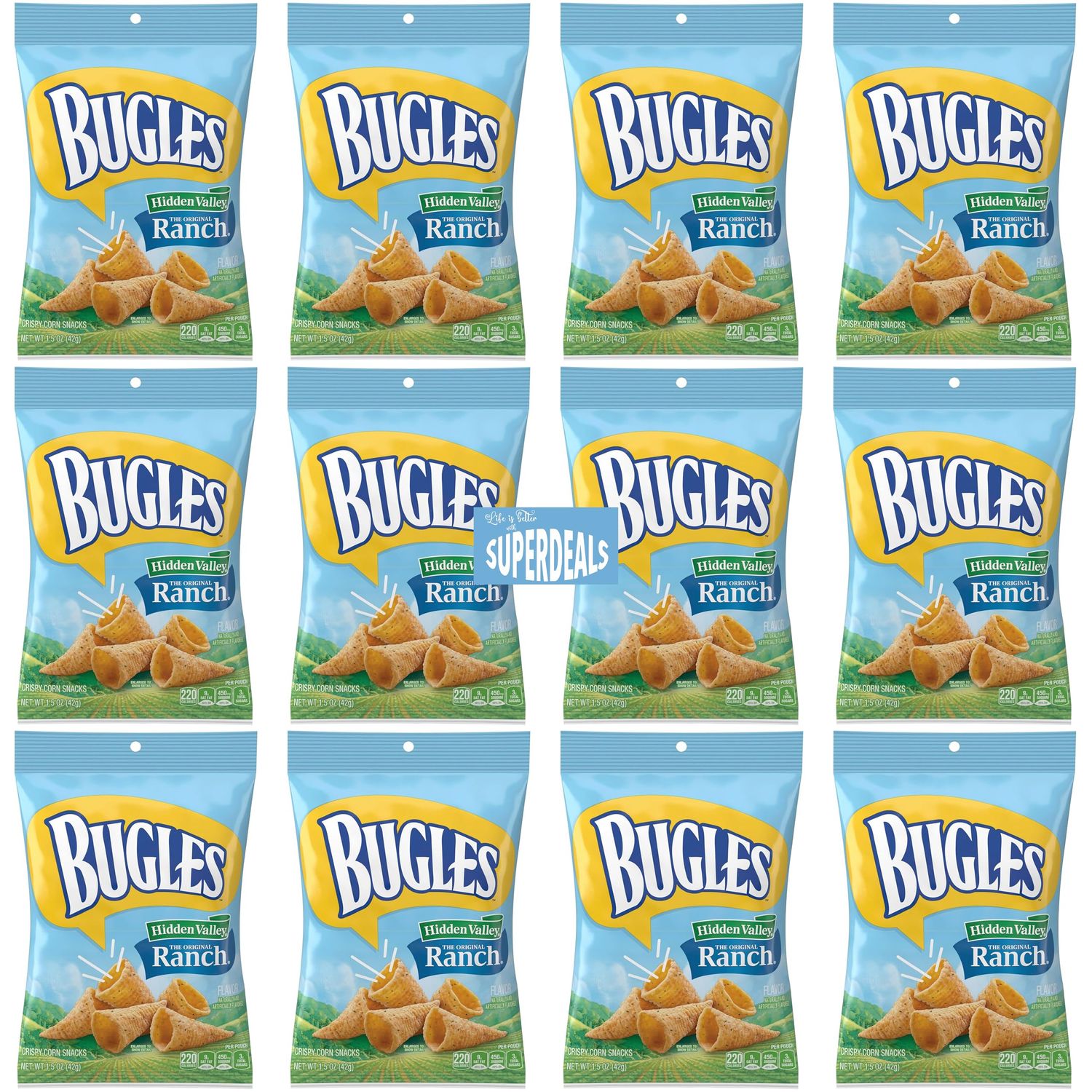 Bugles, Ranch,Crispy Corn Snack, 1.5 oz Pack of 12 bundled by SUPERDEALS with Mystery Gift