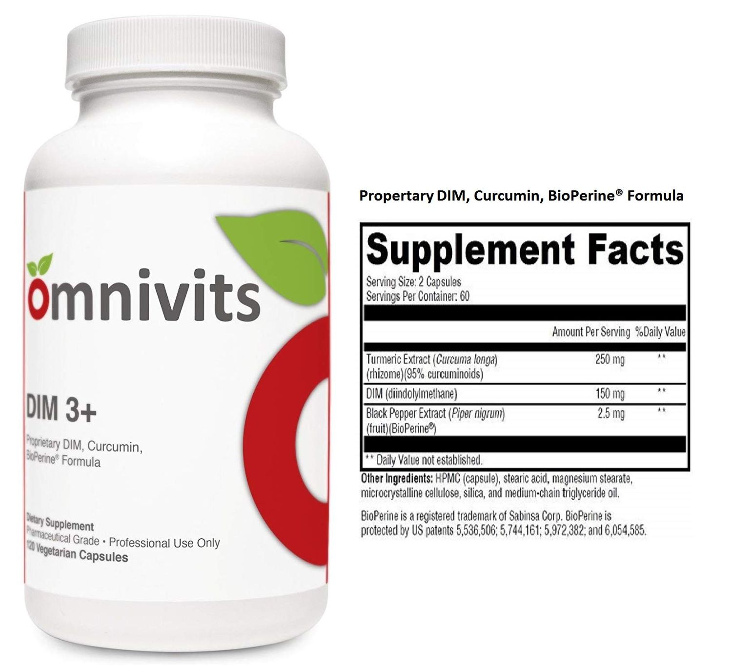 Omnivits DIM 3 Turmeric Extract (Curcuma Longa) 250mg, DIM (diindolylmethane) 150mg, Black Pepper Extract(BioPerine ) 2.5mg Supports Healthy Estrogen Metabolism Men Women 120 Vegetarian Cap