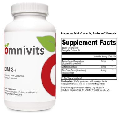 Omnivits DIM 3 Turmeric Extract (Curcuma Longa) 250mg, DIM (diindolylmethane) 150mg, Black Pepper Extract(BioPerine ) 2.5mg Supports Healthy Estrogen Metabolism Men Women 120 Vegetarian Cap