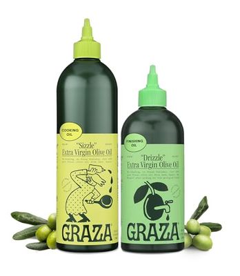 Graza Extra Virgin Olive Oil Variety Pack, Sizzle Drizzle - High Polyphenol Peak Harvest EVOO Cooking Finishing Oil in a Squeeze Bottle - Single Farm Olives from Spain