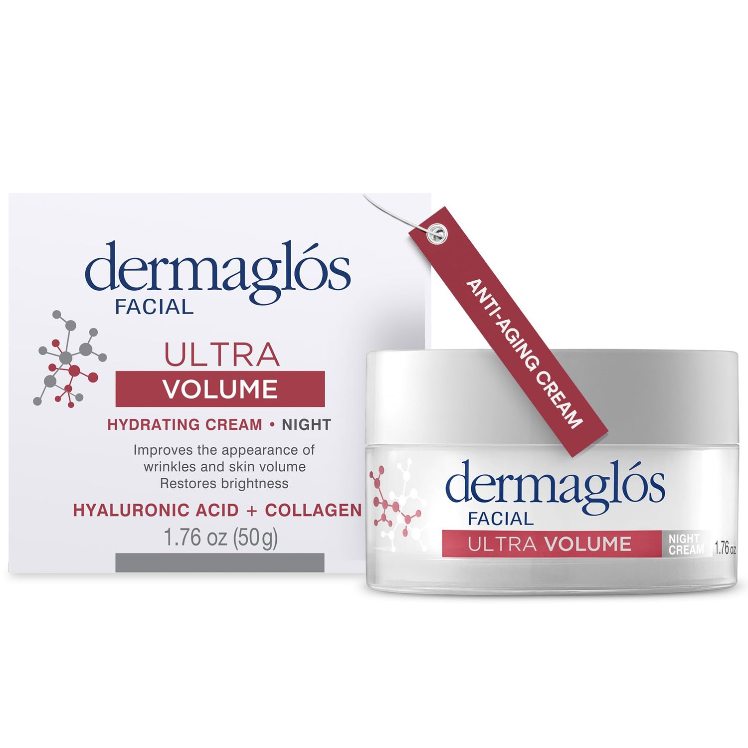 Dermaglos Ultra Volume Anti-Aging Night Cream with Hyaluronic Acid, Collagen and Niacinamide, Hydrating and Firming Face Moisturizer, Improves the Appearance of Wrinkles Skin Volume, 1.76 Oz