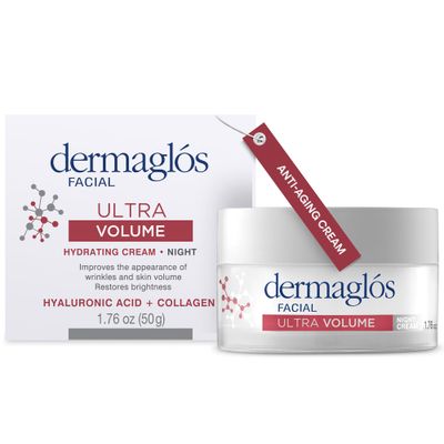 Dermaglos Ultra Volume Anti-Aging Night Cream with Hyaluronic Acid, Collagen and Niacinamide, Hydrating and Firming Face Moisturizer, Improves the Appearance of Wrinkles Skin Volume, 1.76 Oz