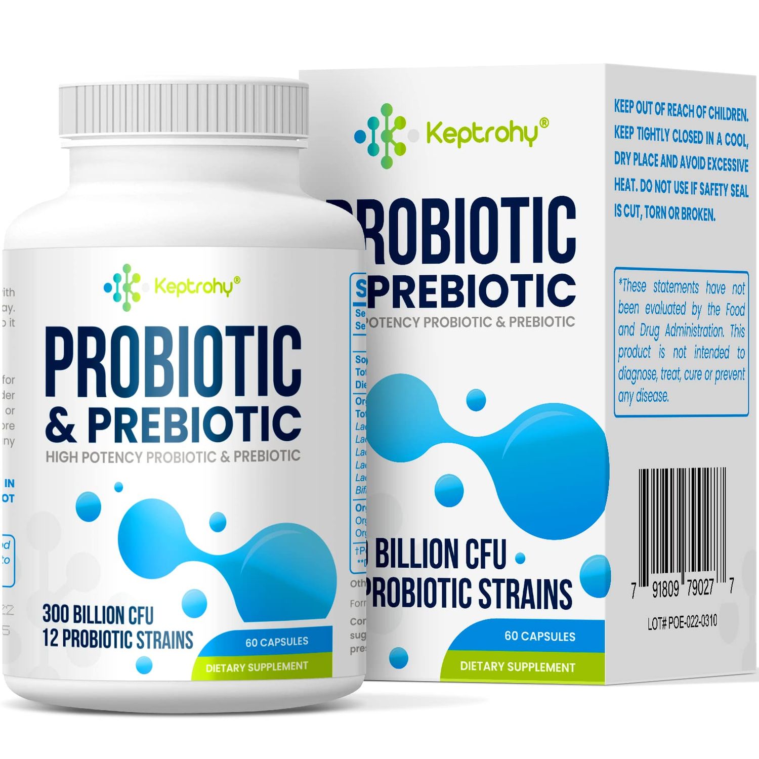 Keptrohy Probiotics for Women and Men, 300 Billion CFU Probiotics from 12 Strains Probiotic, Organic Prebiotics Blend, Shelf Stable Probiotic Supplement for Gut Immune Digestive Health, 60 Capsules