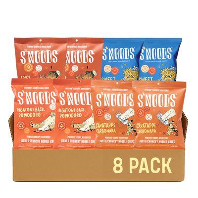 S NOODS Holiday Slurp&#39;s Up Noodle Chips Variety Pack - Rigatoni Basil Pomodoro, Spicy Miso Ramen, Cavatappi Carbonara Sweet Kugel Flavors - Kosher, Vegan, Gluten-Free, Non-GMO - 8 Pack
