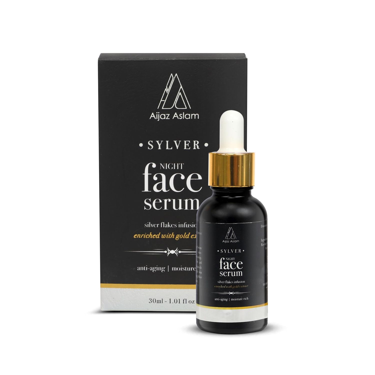 AIJAZ ASLAM Sylver Night Face Serum - 30ml (1.01 fl Oz) - Enhanced with Silver Flakes Gold Extracts - Anti-Aging - Maintains Healthy Skin - Deeply Nourishes - Best for all Skin Types