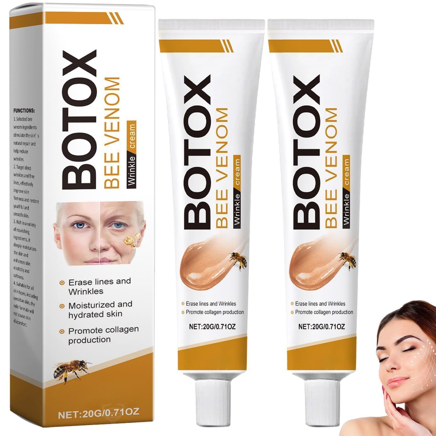 2PCS Bee Venom Cream Wrinkle Removal Firming, Moisturizing, Lifting Recovery for All Skin Type - Anti-Aging Bee Venom Cream