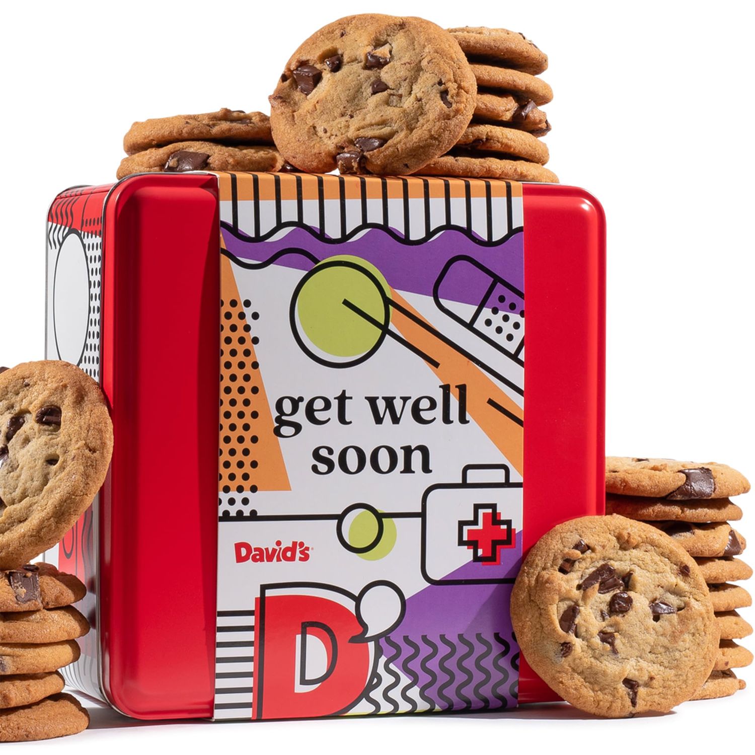 David&#39;s Cookies Get Well Soon Chocolate Chunk Cookies Tin 2lbs - Handmade Fresh Baked Gourmet Cookie Gift Basket - Delectable Made with Premium Ingredients - Thoughtful Care Package for Loved Ones