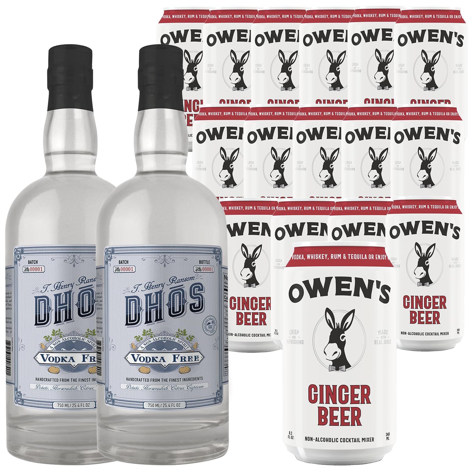 Dh s Handcrafted Non-Alcoholic Vodka 750 ML Bottles w Pack Owen s Mixers Ginger Beer 8.2 OZ Cans - Keto-Friendly, Zero Sugar, Zero Calories, Zero Proof - Perfect for Mocktails - Made in USA