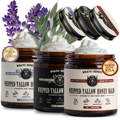 Wrath Remedy Handmade Whipped Organic Beef Tallow for Skin - 4 OZ (3-Pack) - Grass Fed Beef Tallow Moisturizer and Honey Balm for Silky, Sensitive-Skin, Eczema, Rosacea - Free of Harsh Chemicals
