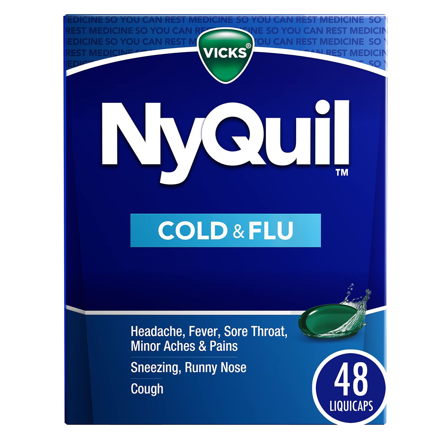 VICKS NyQuil Cold Flu Relief Over-the-Counter Medicine, Powerful Multi-Symptom Nighttime Relief for Headache, Fever, Sore Throat, Minor Aches Pains, Sneezing, Runny Nose, and Cough, 48 LiquiCaps