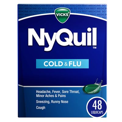 VICKS NyQuil Cold Flu Relief Over-the-Counter Medicine, Powerful Multi-Symptom Nighttime Relief for Headache, Fever, Sore Throat, Minor Aches Pains, Sneezing, Runny Nose, and Cough, 48 LiquiCaps
