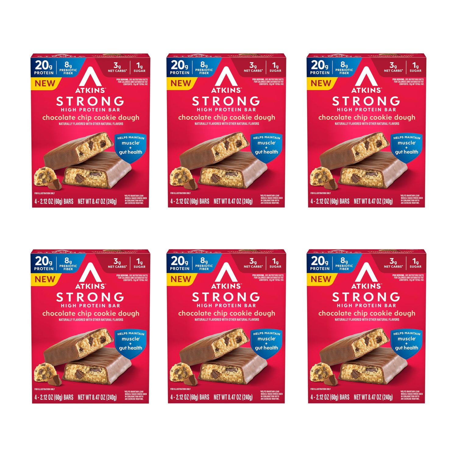 Atkins Strong Chocolate Chip Cookie Dough High Protein Bars, 20g Protein, 2g Sugar, 4 Count (Pack of 6)