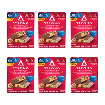 Atkins Strong Chocolate Chip Cookie Dough High Protein Bars, 20g Protein, 2g Sugar, 4 Count (Pack of 6)