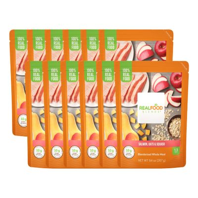 Real Food Blends Salmon, Oats Squash - Pureed Food Meals for Tube Feeding with Protein, Vegetables Fruits - 330 Calories for Lunch Dinner - 9.4 oz (Pack of 12)