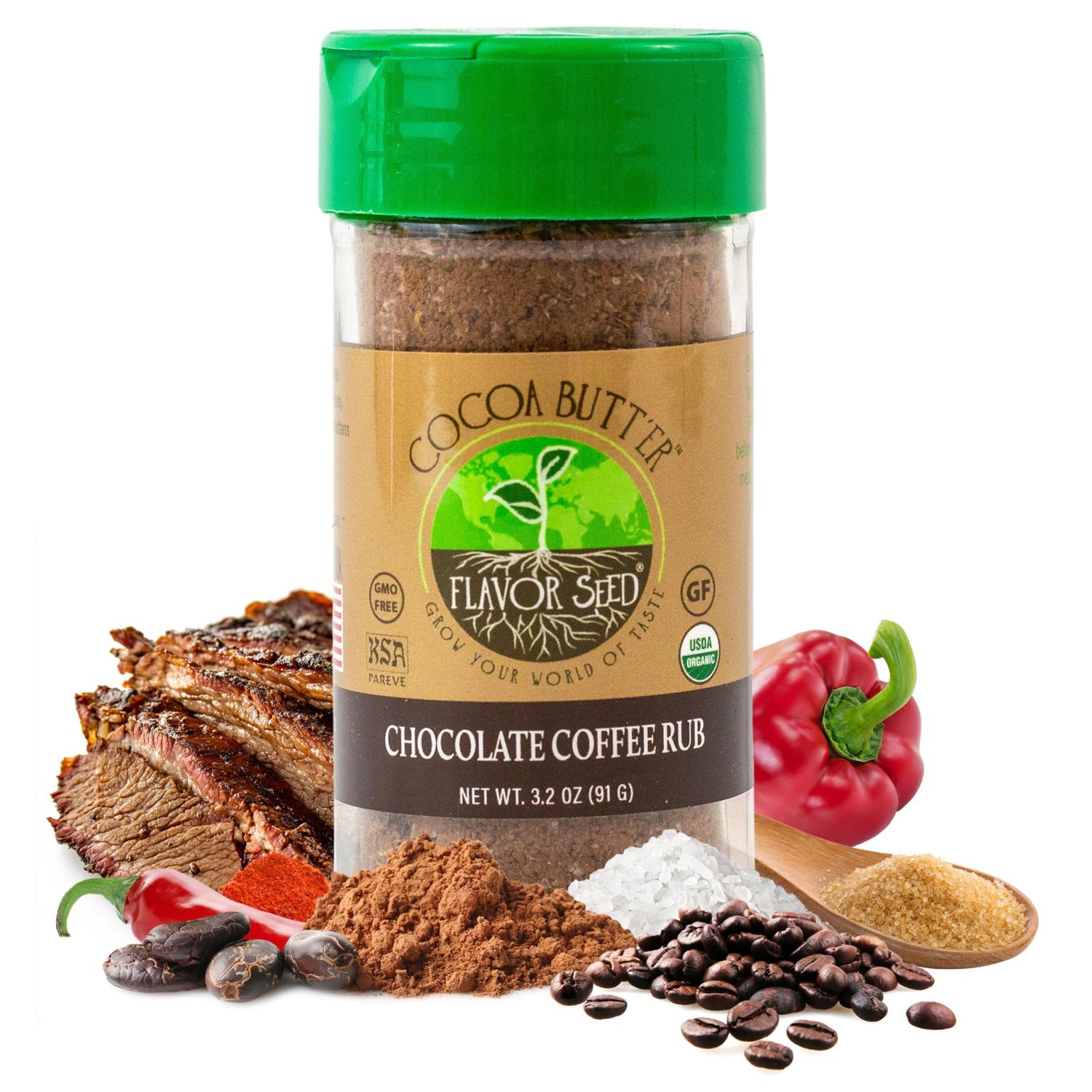 Flavor Seed Cocoa Butt&#39;Er Organic Chocolate Coffee Brisket Rub Butt Rub Seasoning. Gourmet Spice Mix for Cooking, Grilling BBQ. Preservative Free, Non GMO, 3.2 oz Shaker Jar