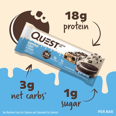 Quest Nutrition Dipped Chocolate Cookies Cream Protein Bars, High Protein, Low Carb, Gluten Free, Keto Friendly, 12 Count
