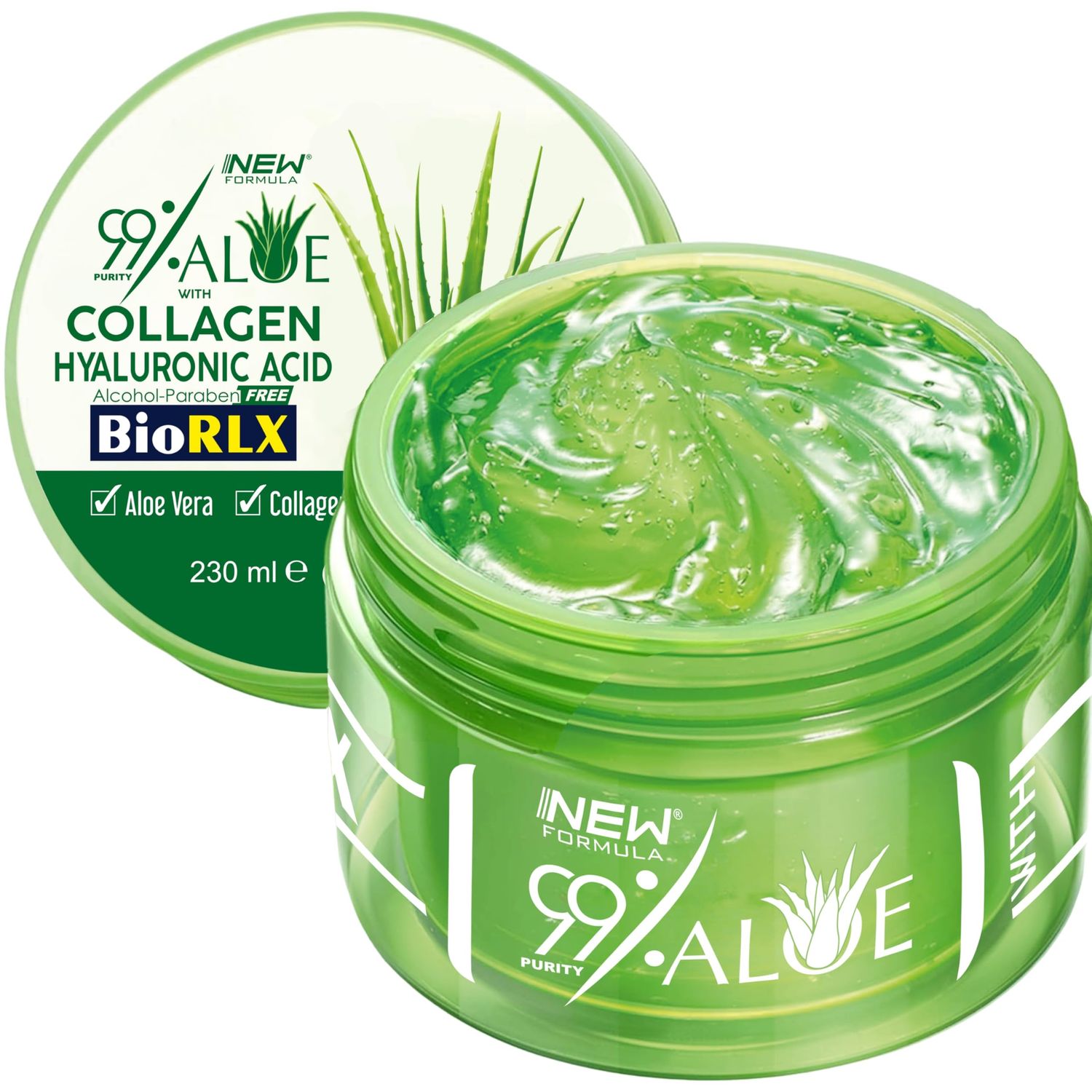 BioRLX 99 Aloe Vera Gel with Collagen and Hyaluronic Acid 230 Ml 8.45 Fl Oz Jar - For Face Body, Hair Scalp, After Sun Relief, Natural, Soothing, Hydrating