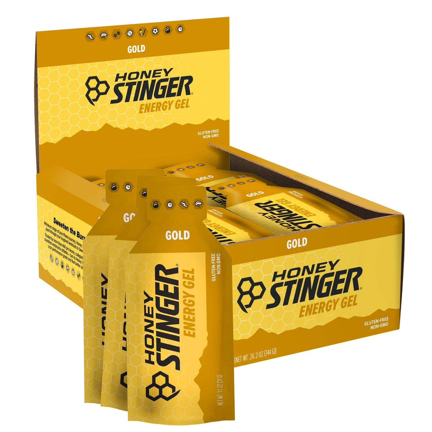 Honey Stinger Gold Energy Gel Gluten Free Caffeine Free for Exercise, Running and Performance Sports Nutrition for Home Gym, Pre and Mid Workout 24 Pack, 26.4 Ounce