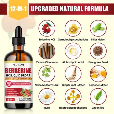 KEDISOM 12-in-1 Berberine Supplement Liquid Drops 2 Fl Oz, 3000mg Liposomal Berberine HCL Complex with Ceylon Cinnamon Plus Turmeric for Metabolism, Gut Balance, Immune Support, Heart Health