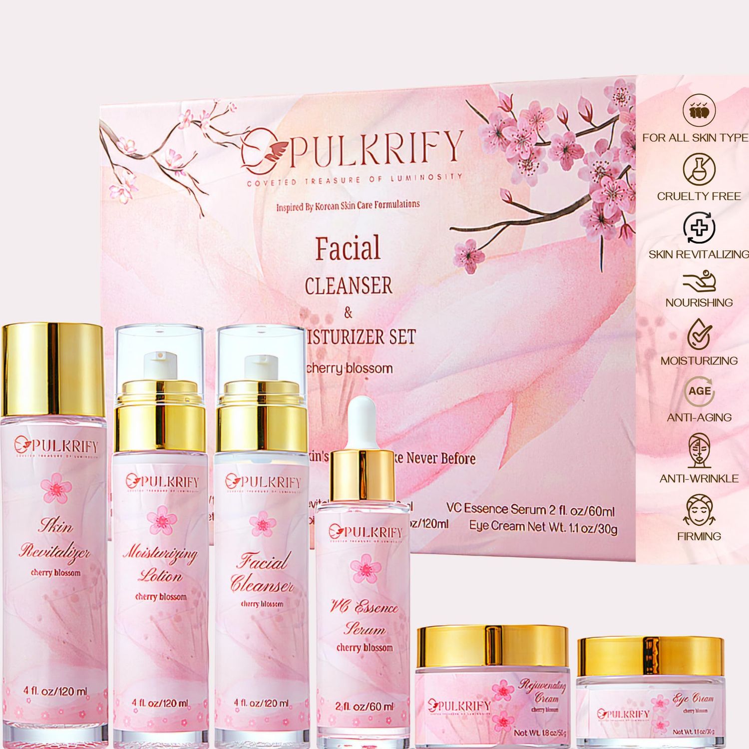 PULKRIFY Luxurious Korean Style Cherry Blossom Facial Cleanser Moisturizer Set, Facial Cleanser, Moisturizer, Revitalizer, Serum, Rejuvenator, Eye Cream, Daily Skincare Routine, Retinol Free